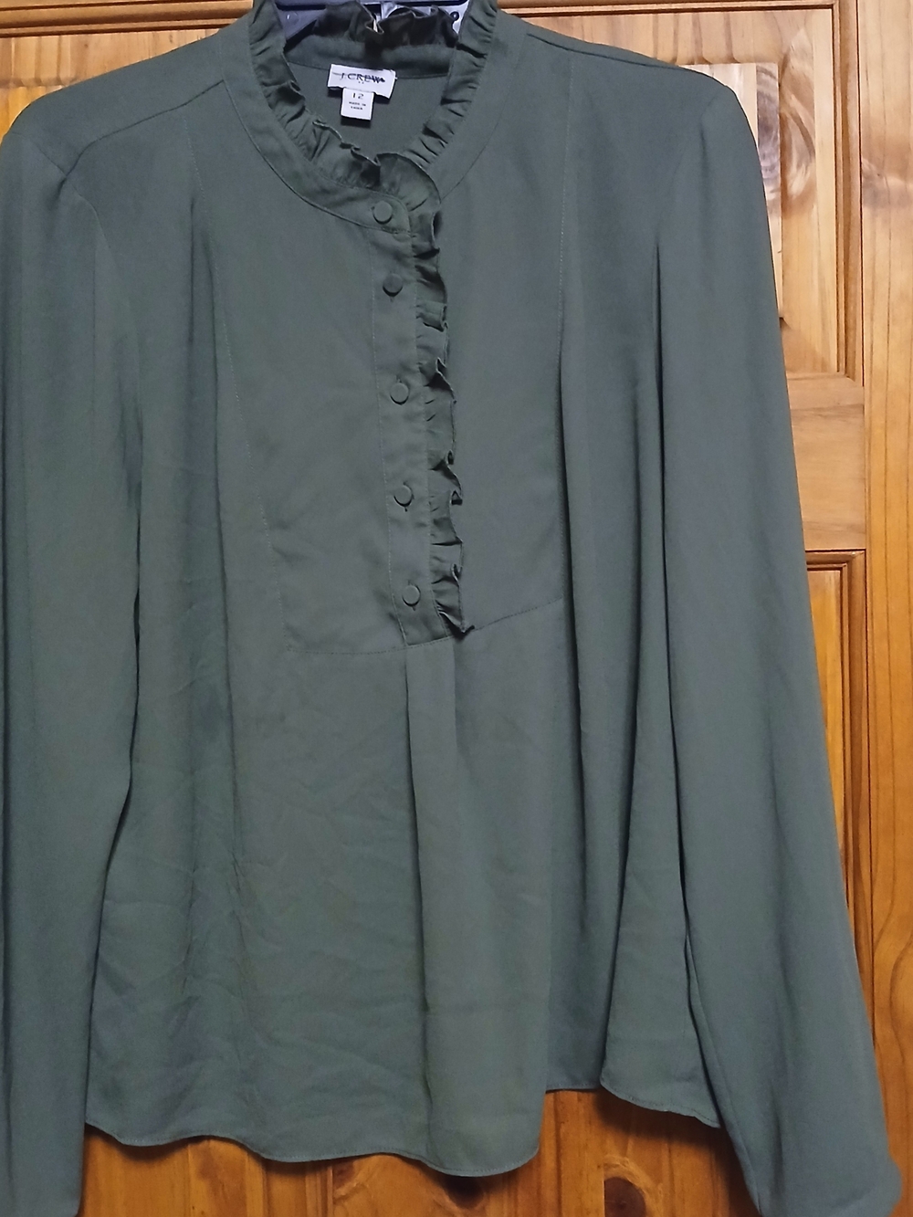 J. Crew Olive Green Ruffle Front Button Blouse